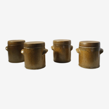 Set of 4 old brown stoneware mustard pots