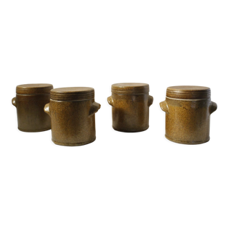 Set of 4 old brown stoneware mustard pots