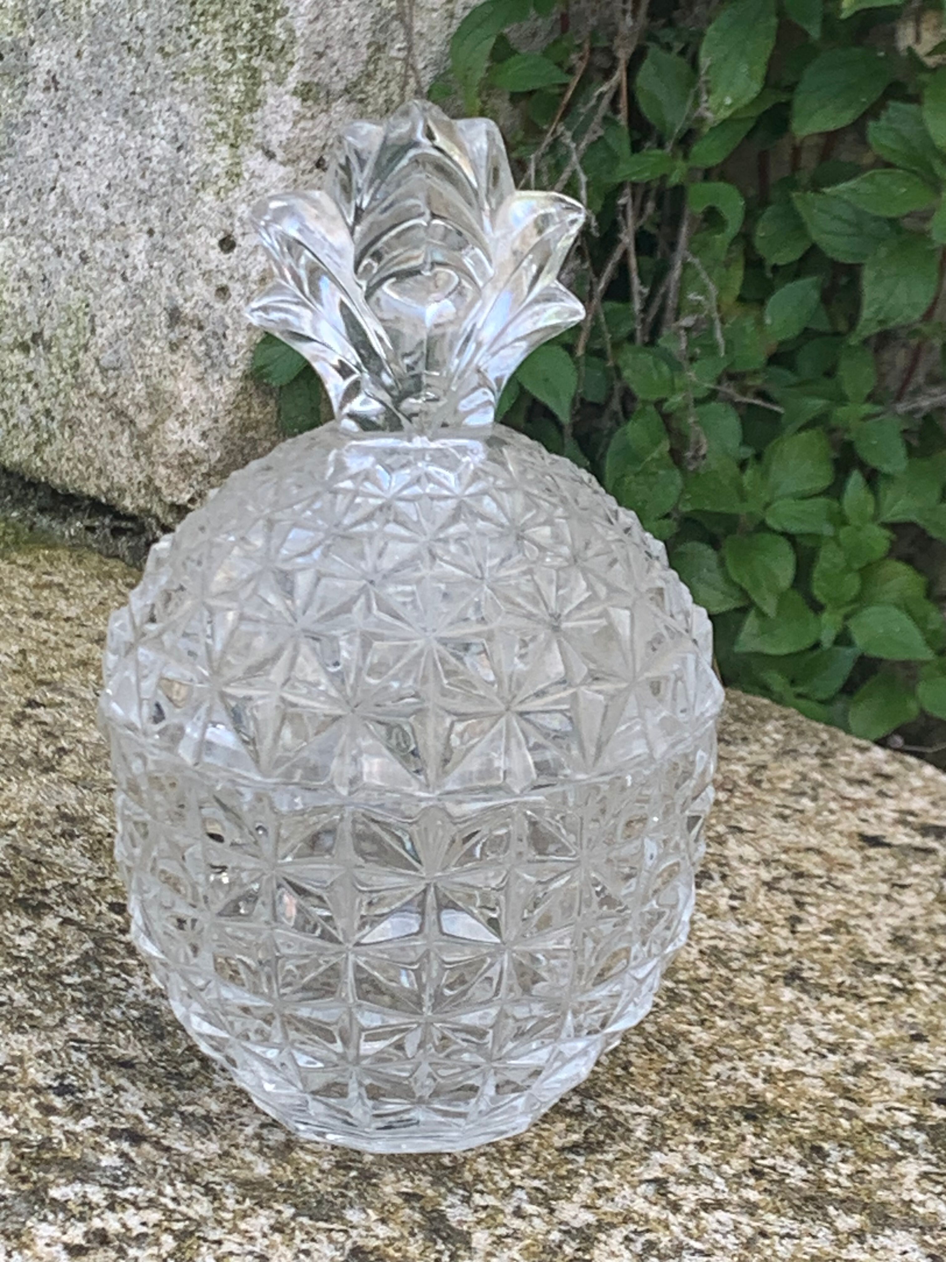 Candy box in the shape of pineapple, vintage transparent glass