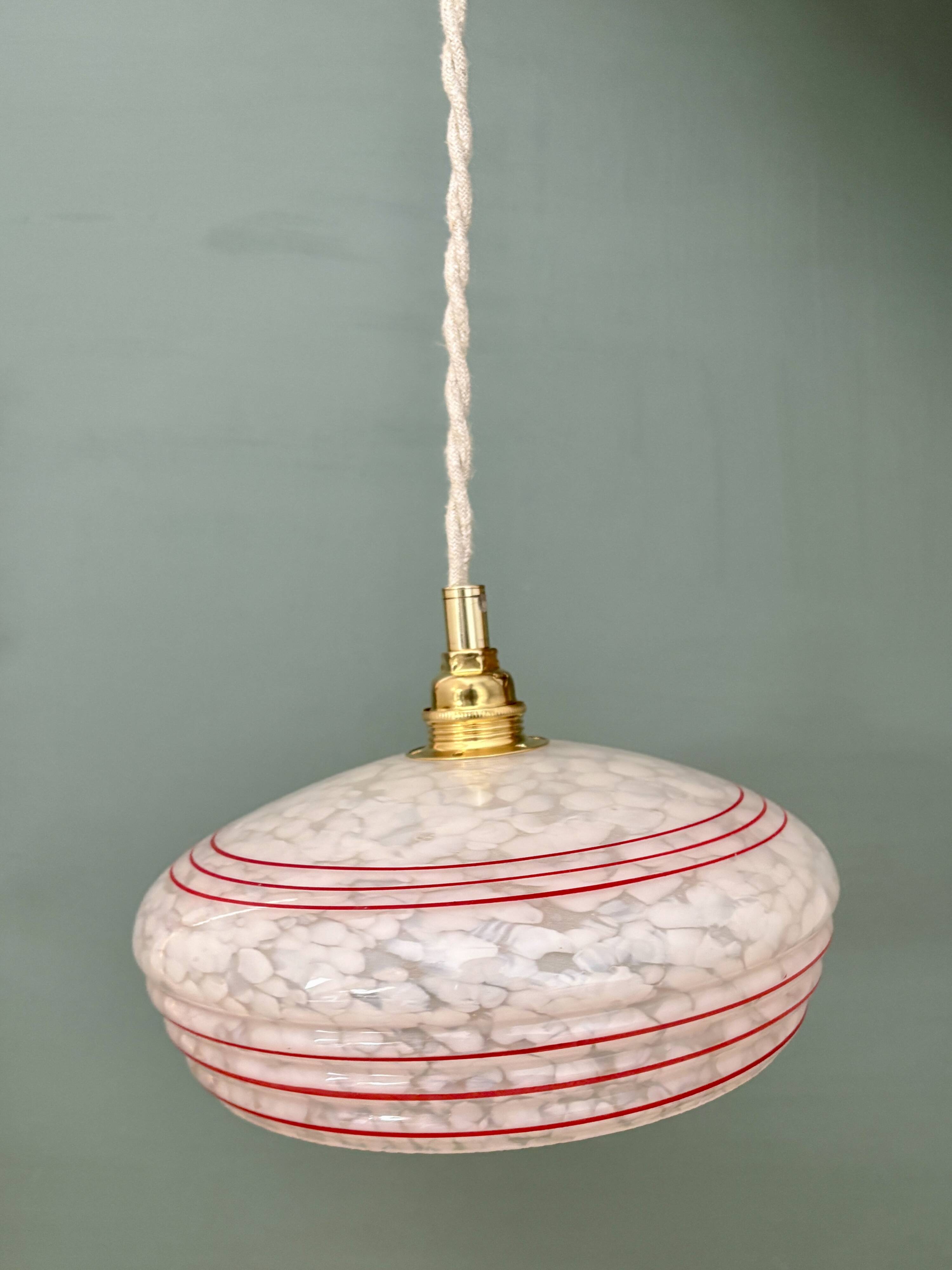 Vintage white clichy glass lampshade pendant light with red trim