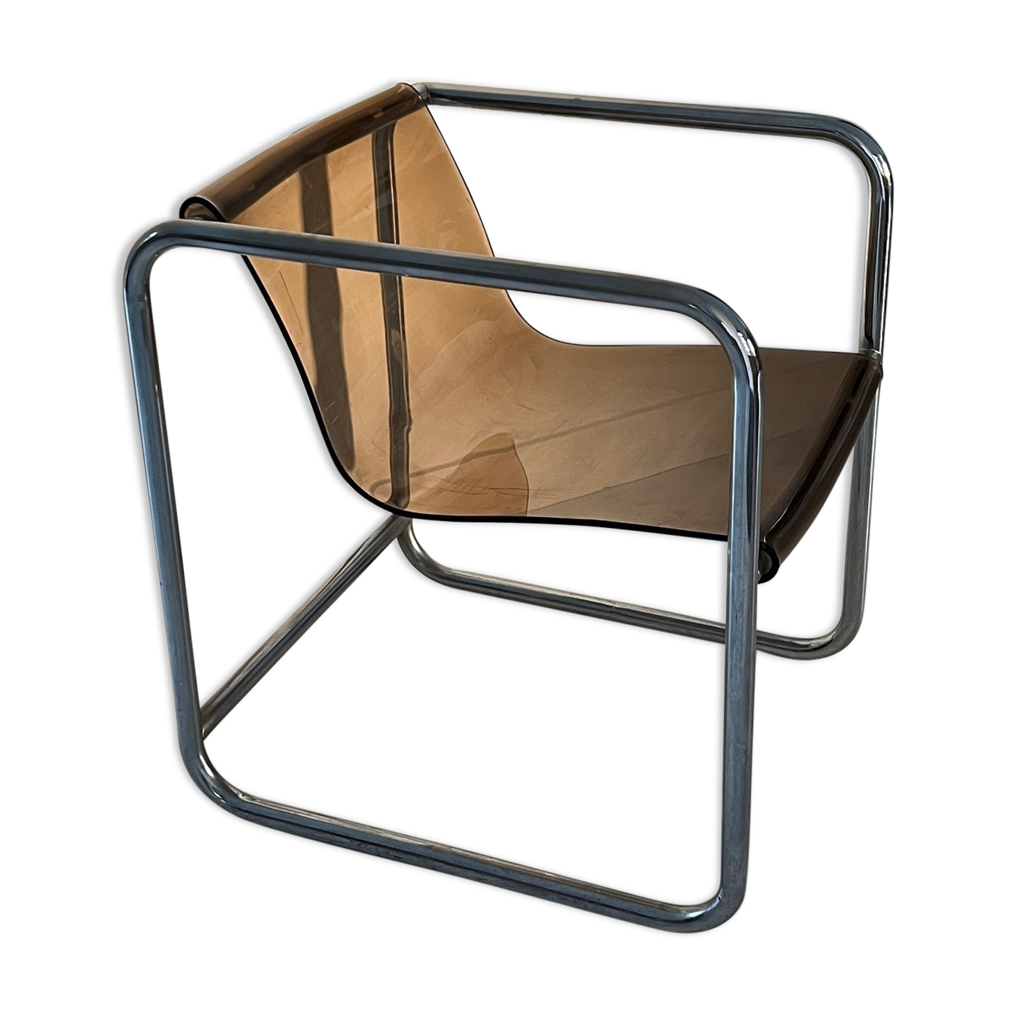 Armchair in chrome tubular metal and smoked plexiglass