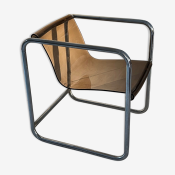 Armchair in chrome tubular metal and smoked plexiglass