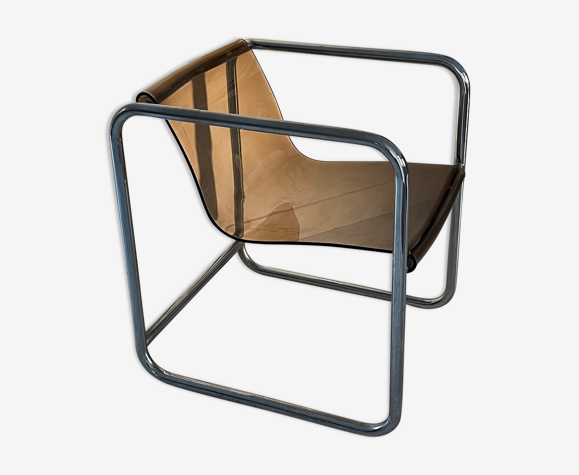 Armchair in chrome tubular metal and smoked plexiglass