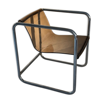Armchair in chrome tubular metal and smoked plexiglass