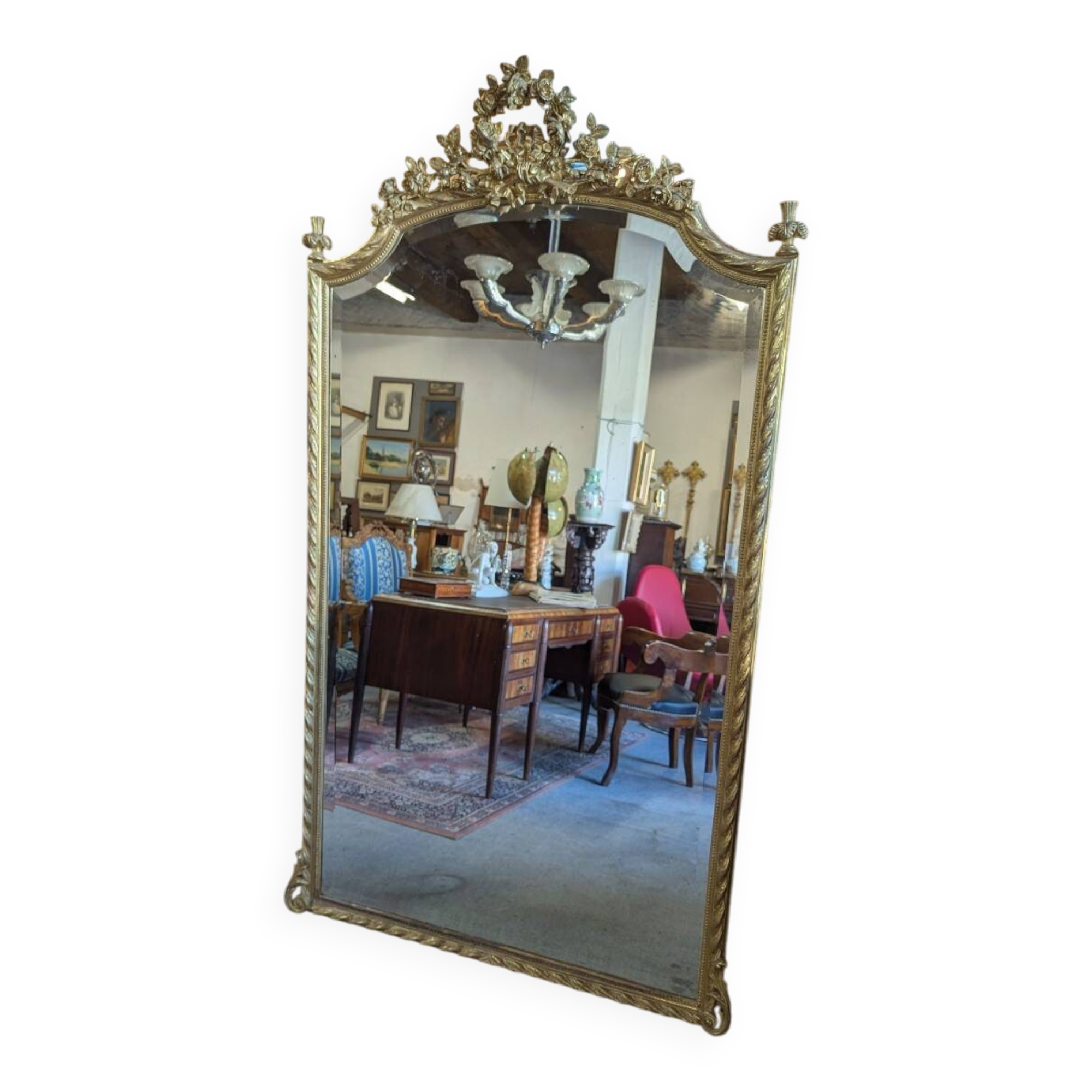 Very large Louis XVI style mirror in wood and gilded stucco with gold leaf