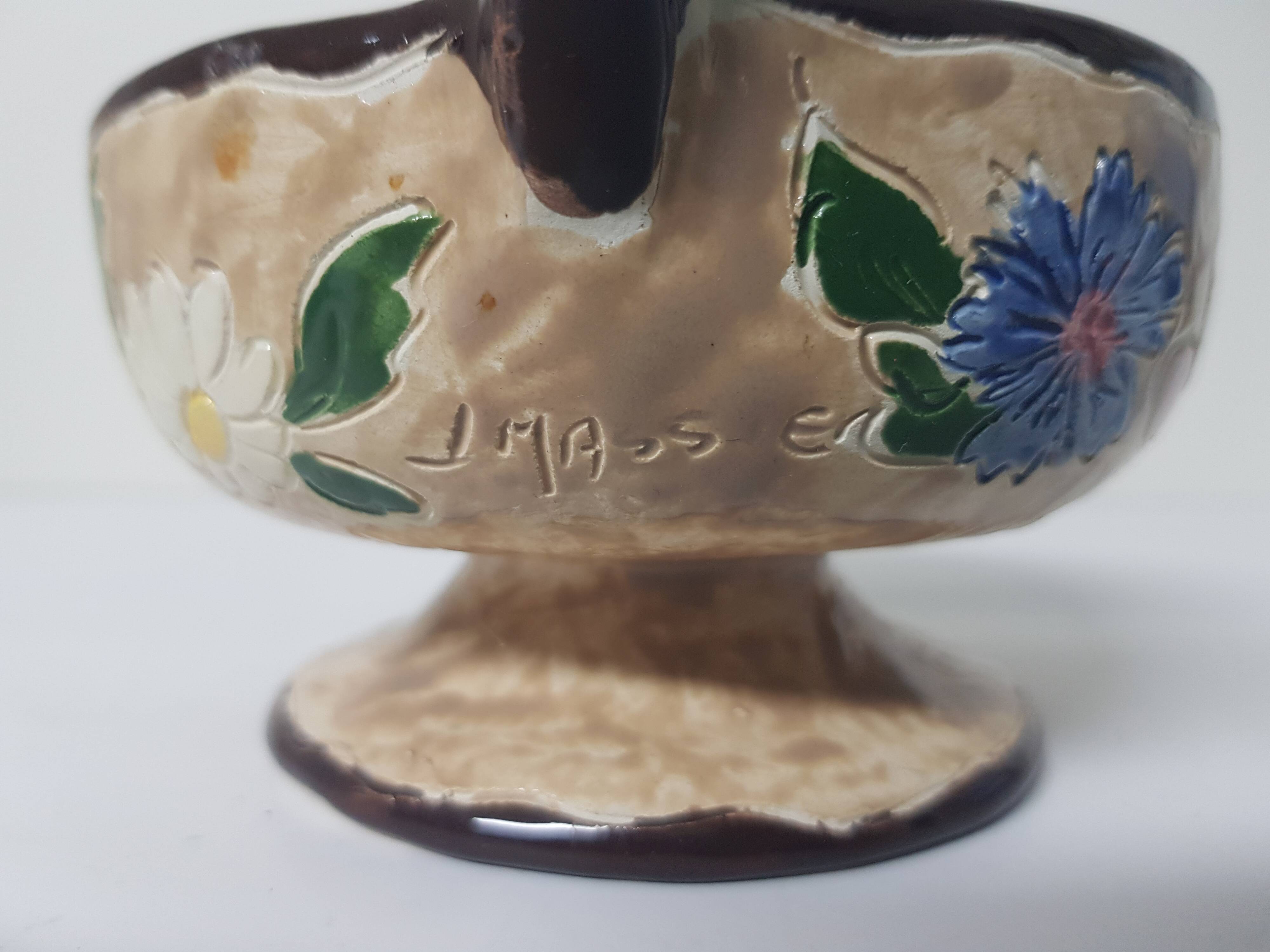 Floral motif ceramic candle holder signed J Massier Vallauris