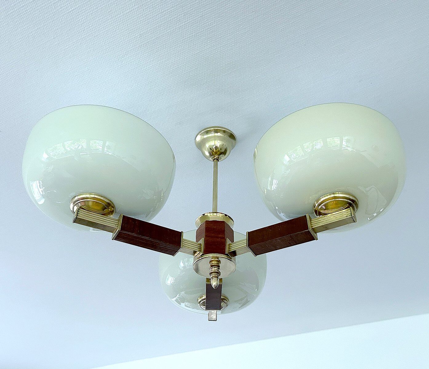 Large Art Deco pendant light in wood and glass, 1930s