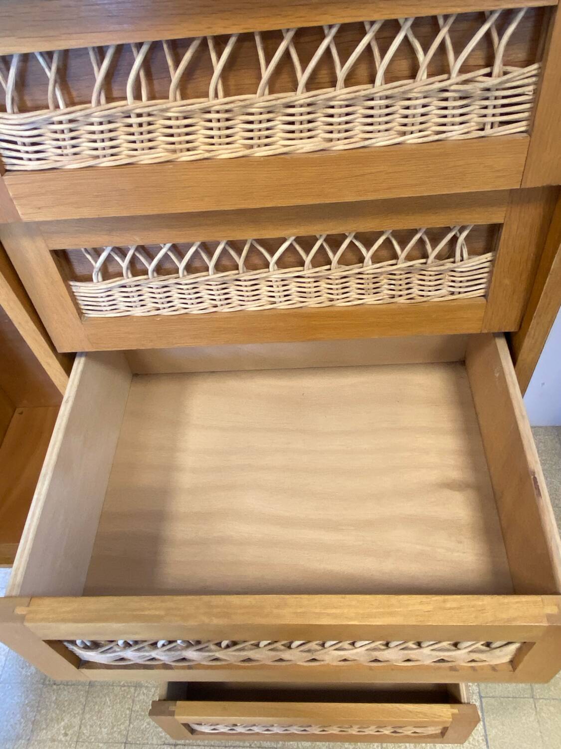 Wood and rattan chest of drawers and wardrobe