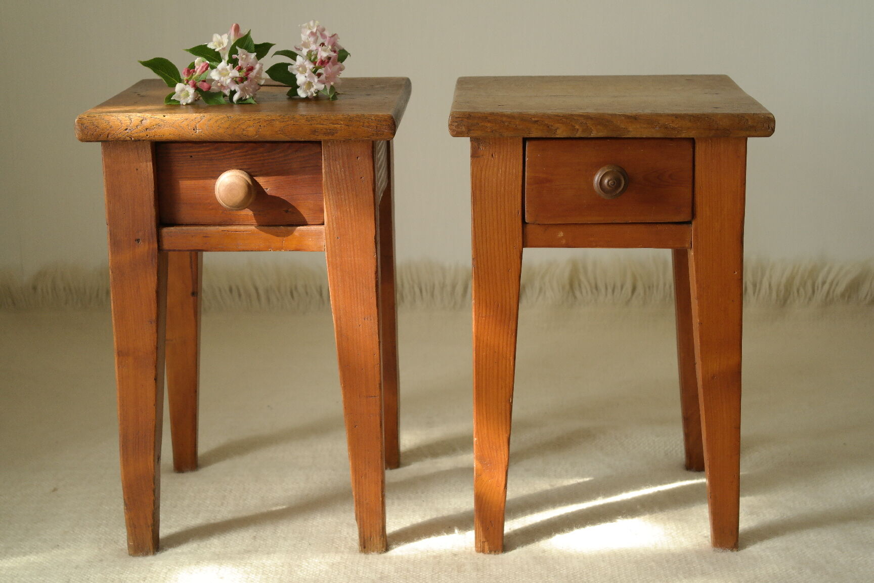 Pair of vintage country bedside tables oak and fir