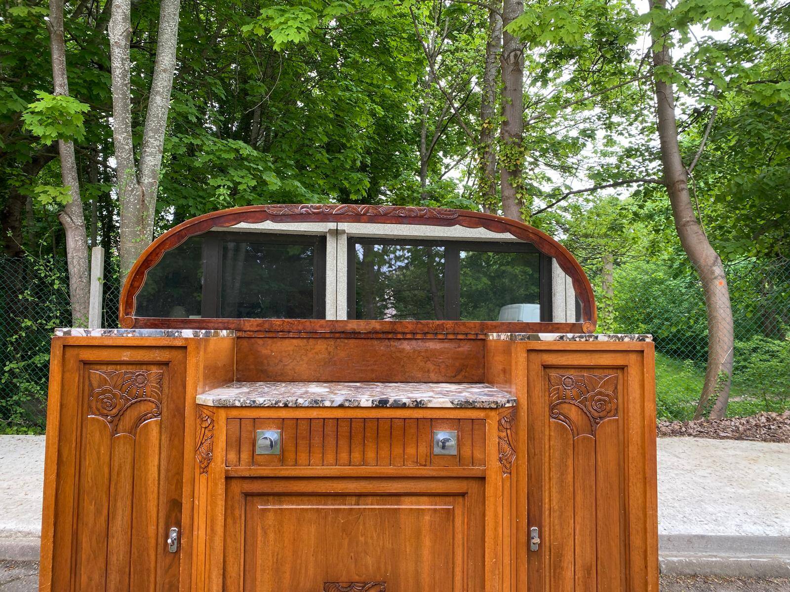 Art Deco 1930s marble and solid oak wood mirror sideboard