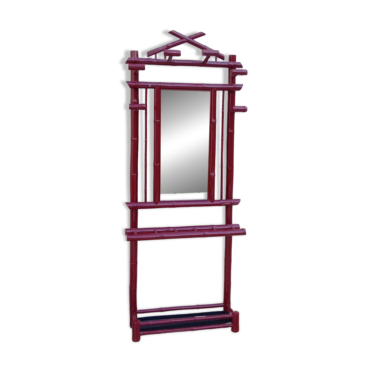 Old vintage red lacquered bamboo Asian coat rack