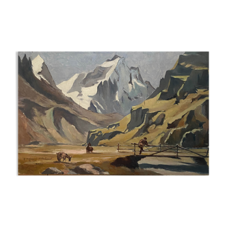 HSP table "Animated alpine landscape" early XX° signed