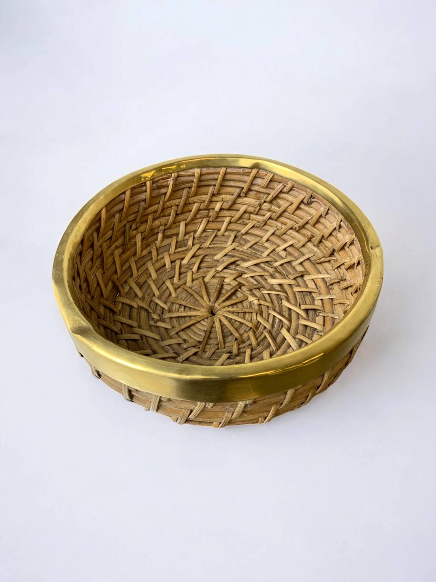 Circular rattan and brass basket, Italy, circa 1970