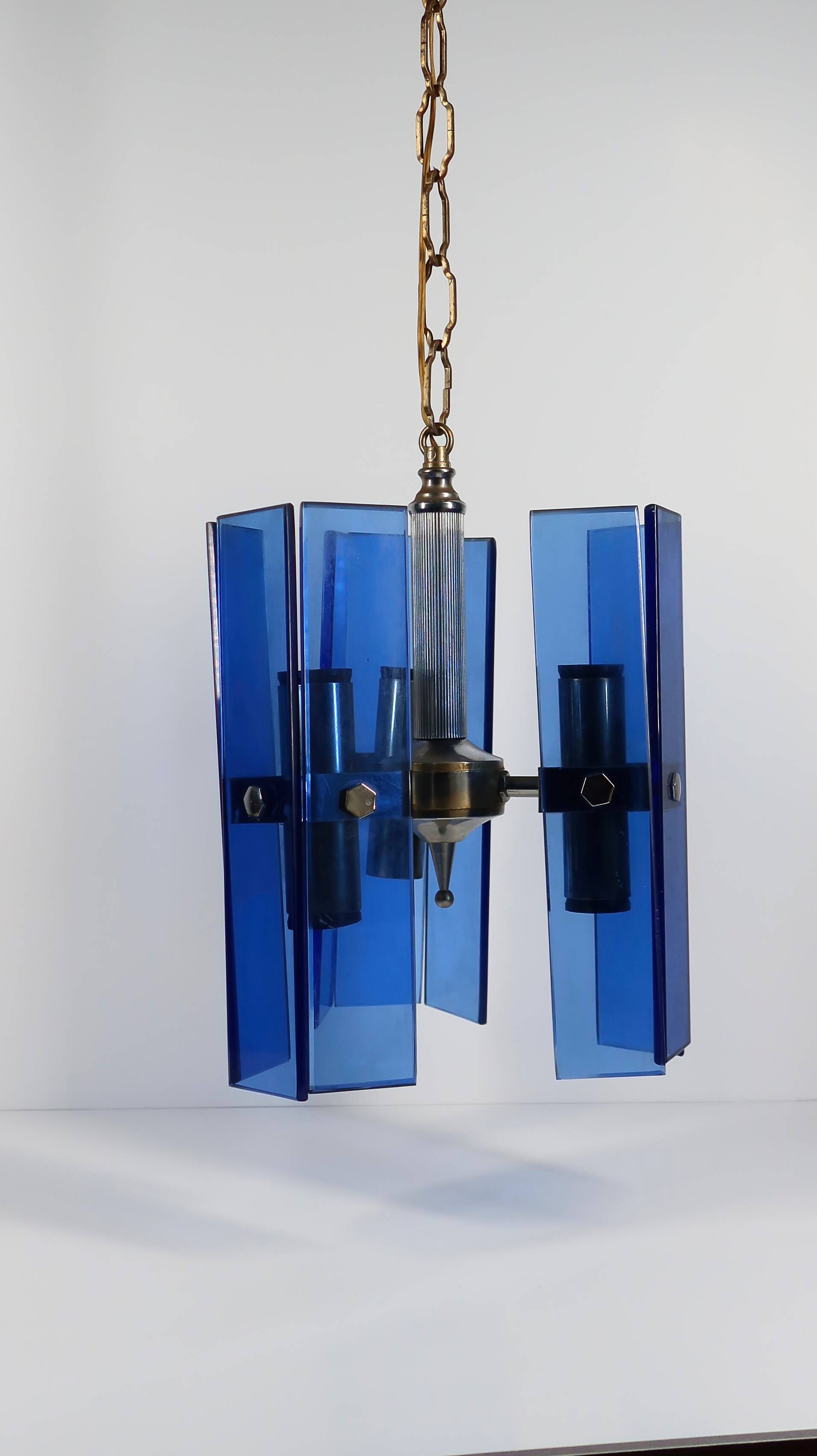 Vintage Italian pendant light in blue glass, Fontana Arte style, 1970s