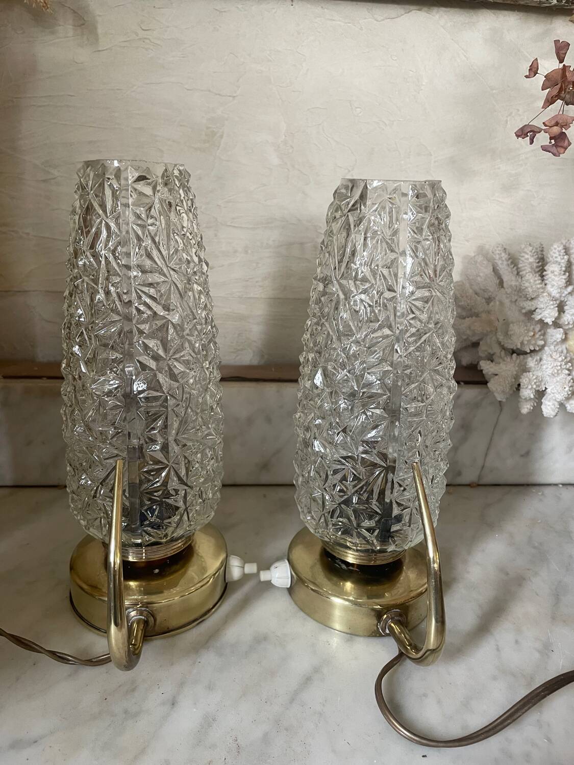 Pair of 1950s brass and glass bedside lamps