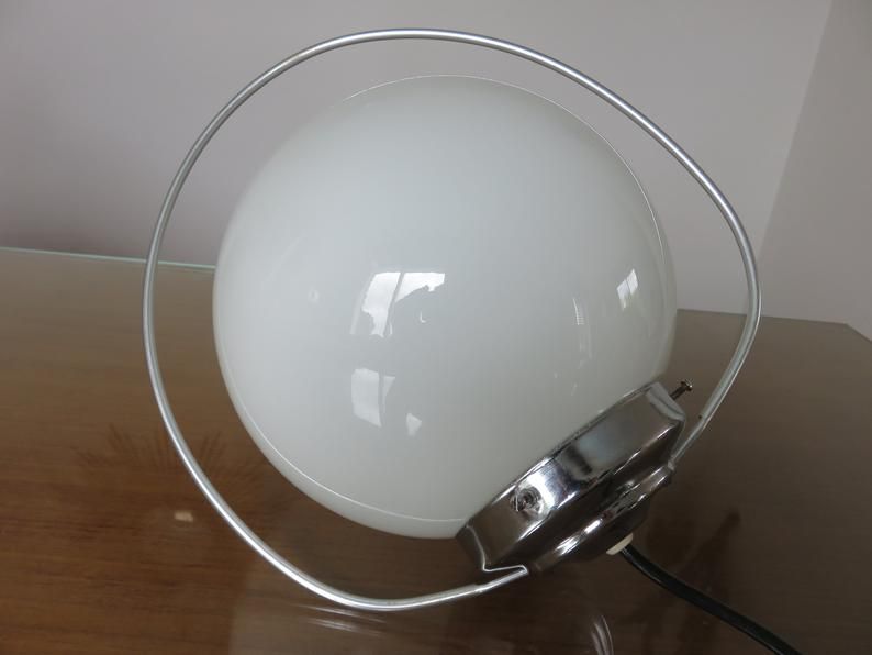 Hanging lamp Bauhaus white opaline ball and chrome metal 30 40 years