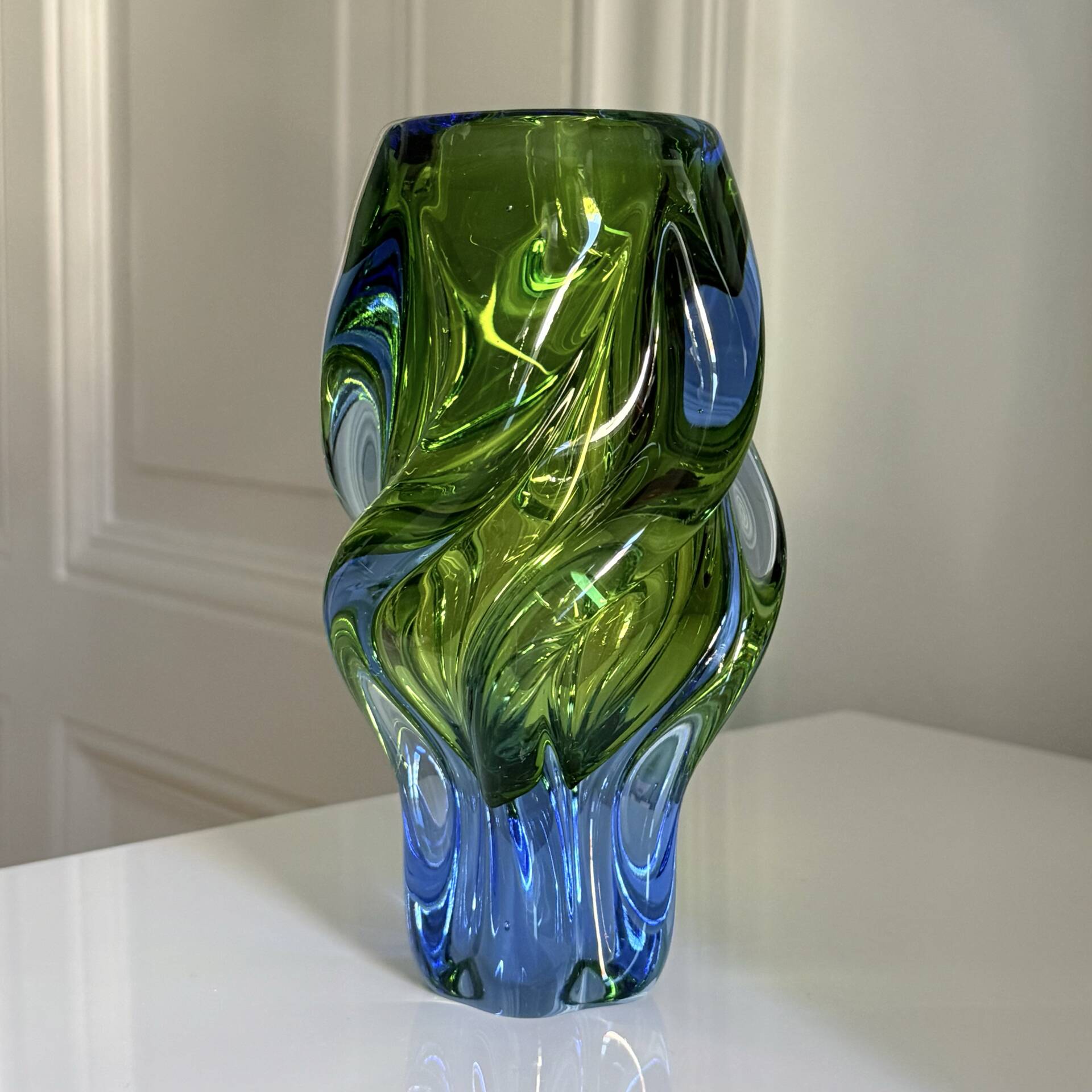 Twisted Sommerso art glass vase, Czech bohemian, 1970s, blue-green.