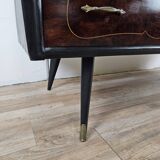 1960s chest of drawers in mahogany and lacquered mahogany with blue glass