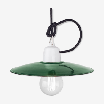 Old workshop enamel lamp in green, Poland, 1960s