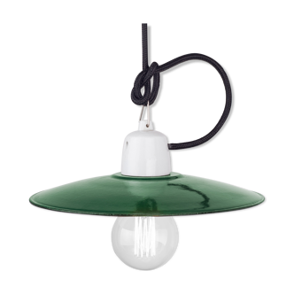 Old workshop enamel lamp in green, Poland, 1960s