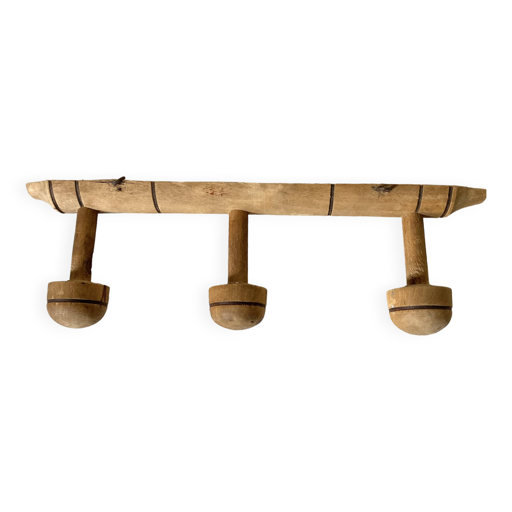 Turned wooden wall coat rack with 3 hooks