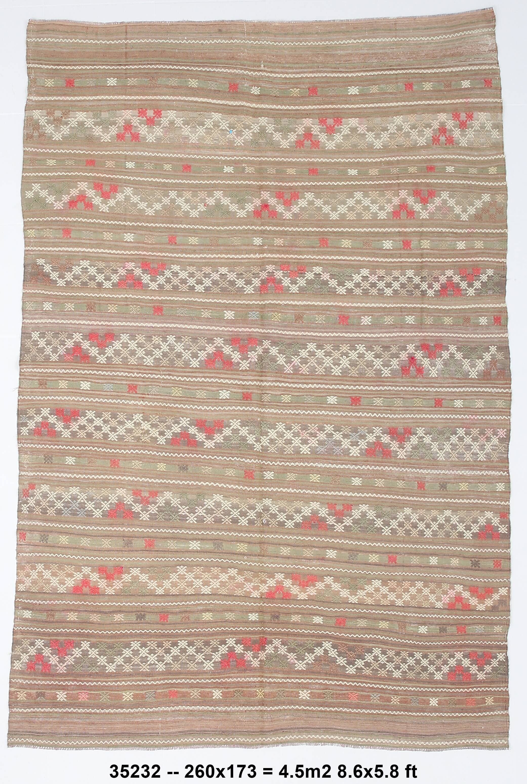 6x8 Light Green Brown Turkish Kilim Rug, 173x260Cm
