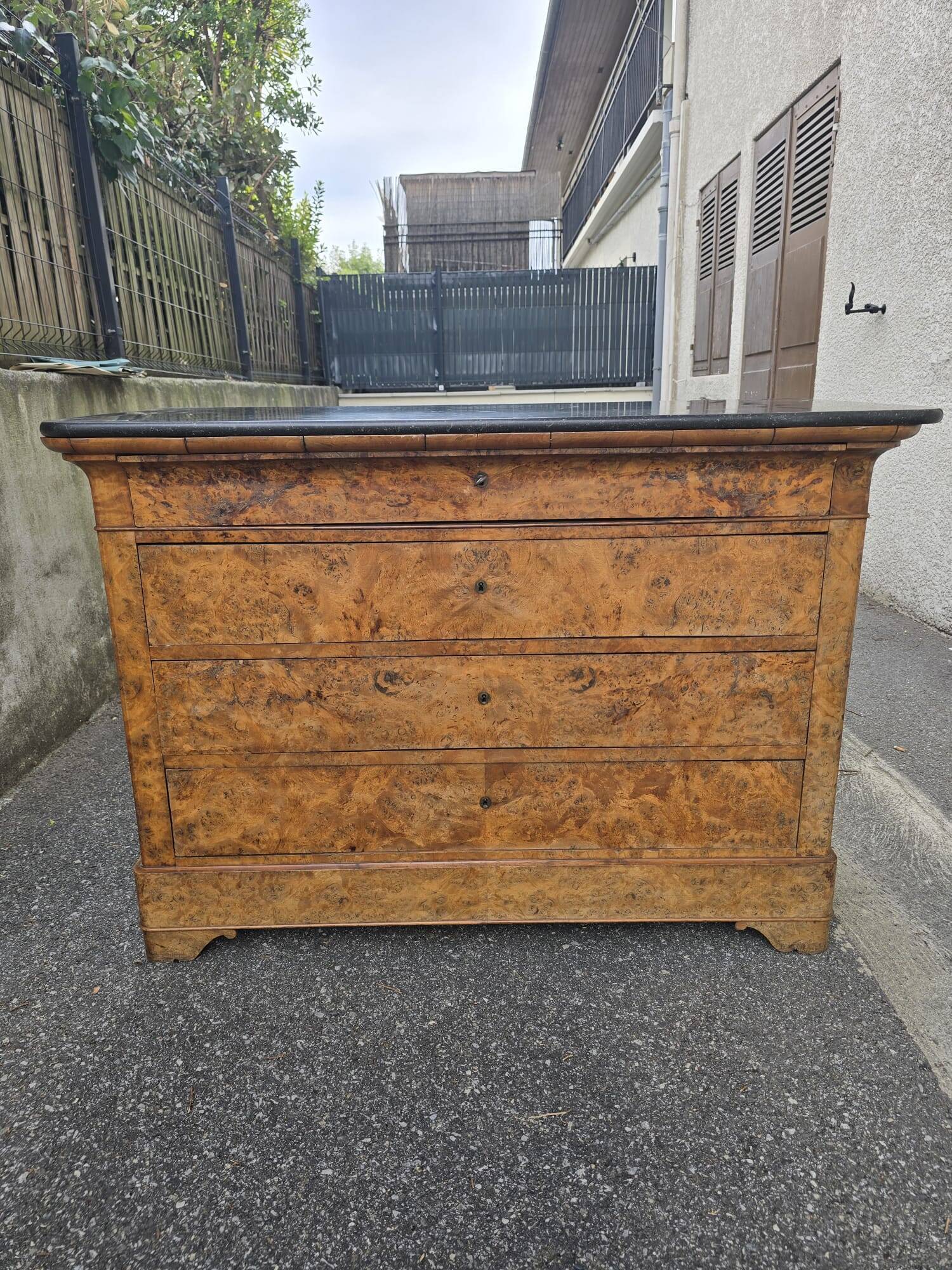 Restoration period commode in walnut burl and black marble – 19th century