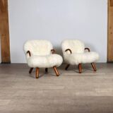 Early pair of arnold madsen clam chairs in curly sheepskin, madsen & schubell, 1944