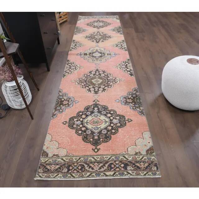 Vintage Turkish Oushak Handmade Wool Cotton Orange Runner Rug 92x378