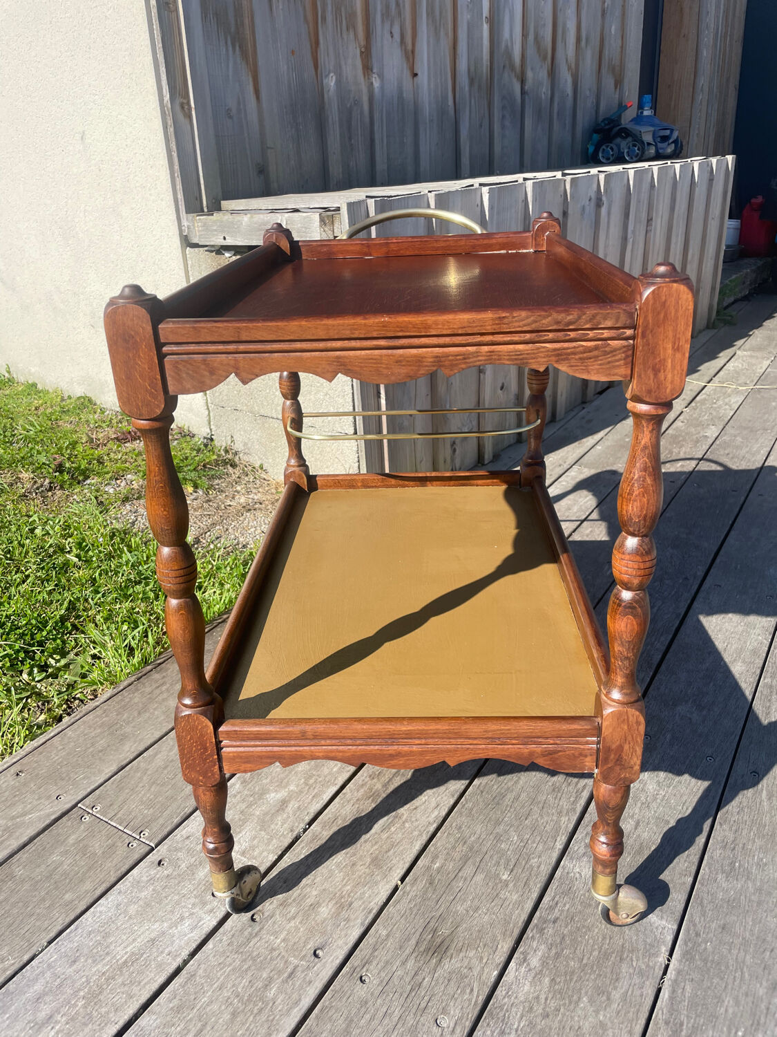 Vintage wooden and gilded brass rolling dessert trolley