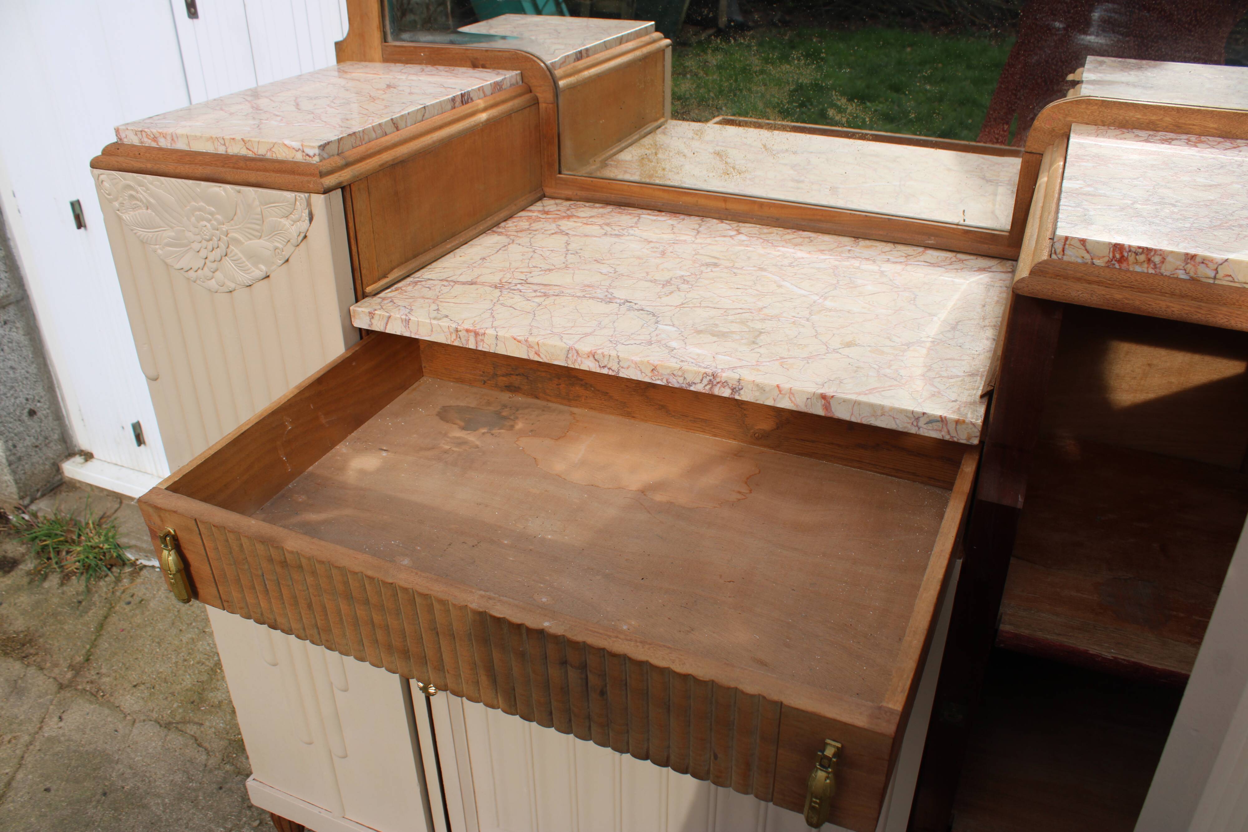 Renovated Art Deco buffet, pink marble and original mirror.
