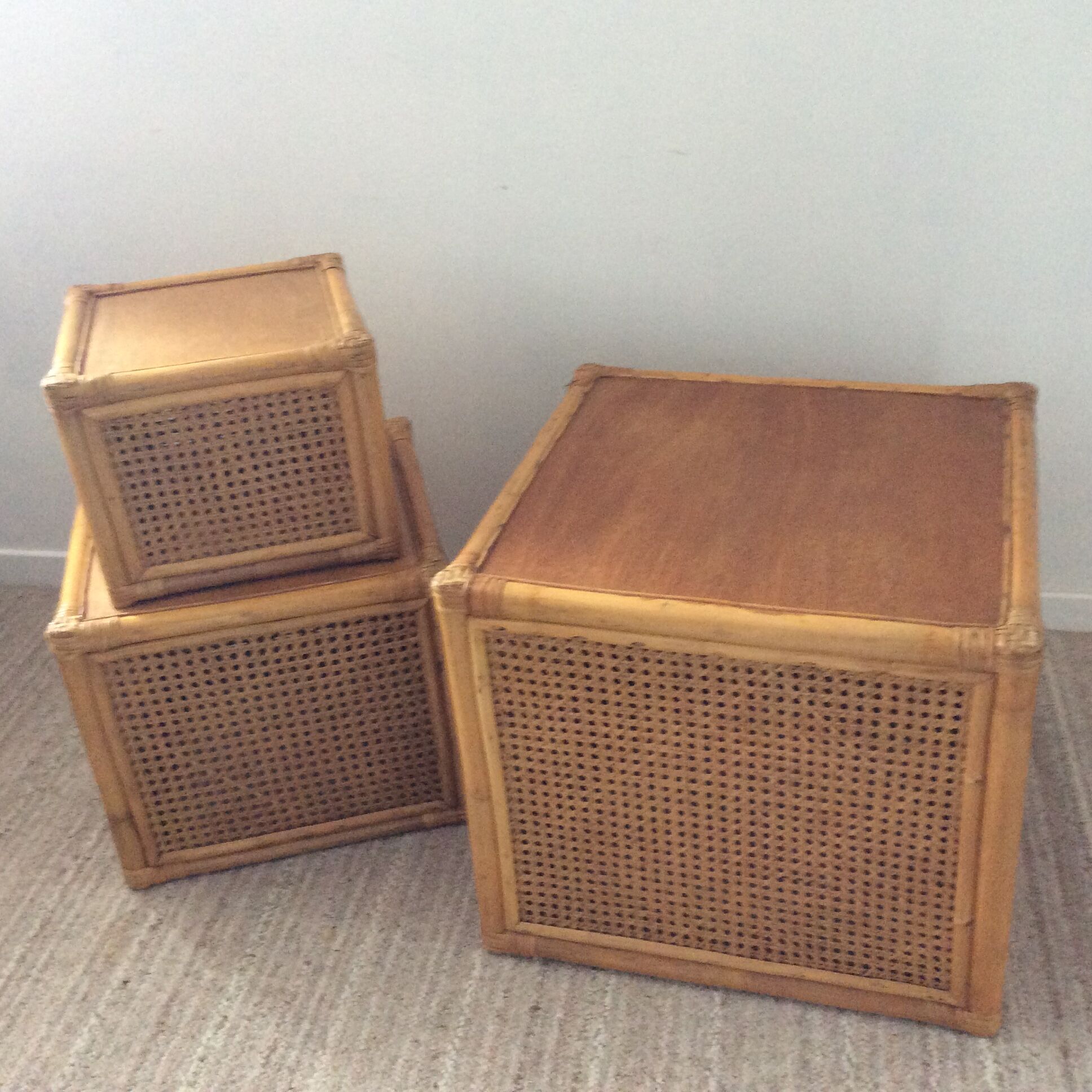 Trio of vintage tables in canning and rattan