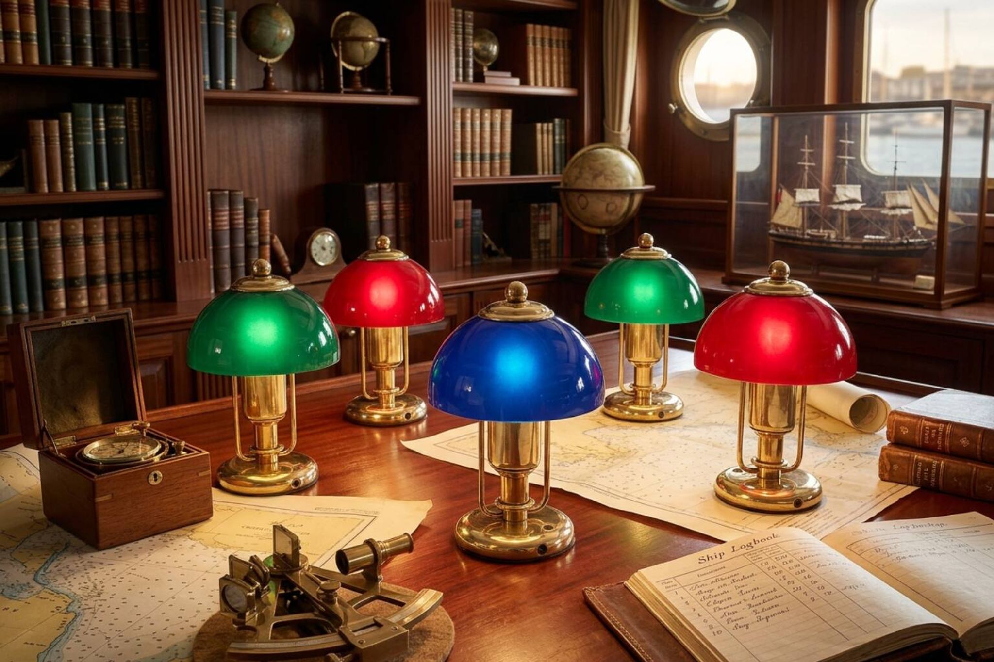 Set di 5 Lampade Vintage stile Nautico – Ottone e Vetro Colorato – 23cm