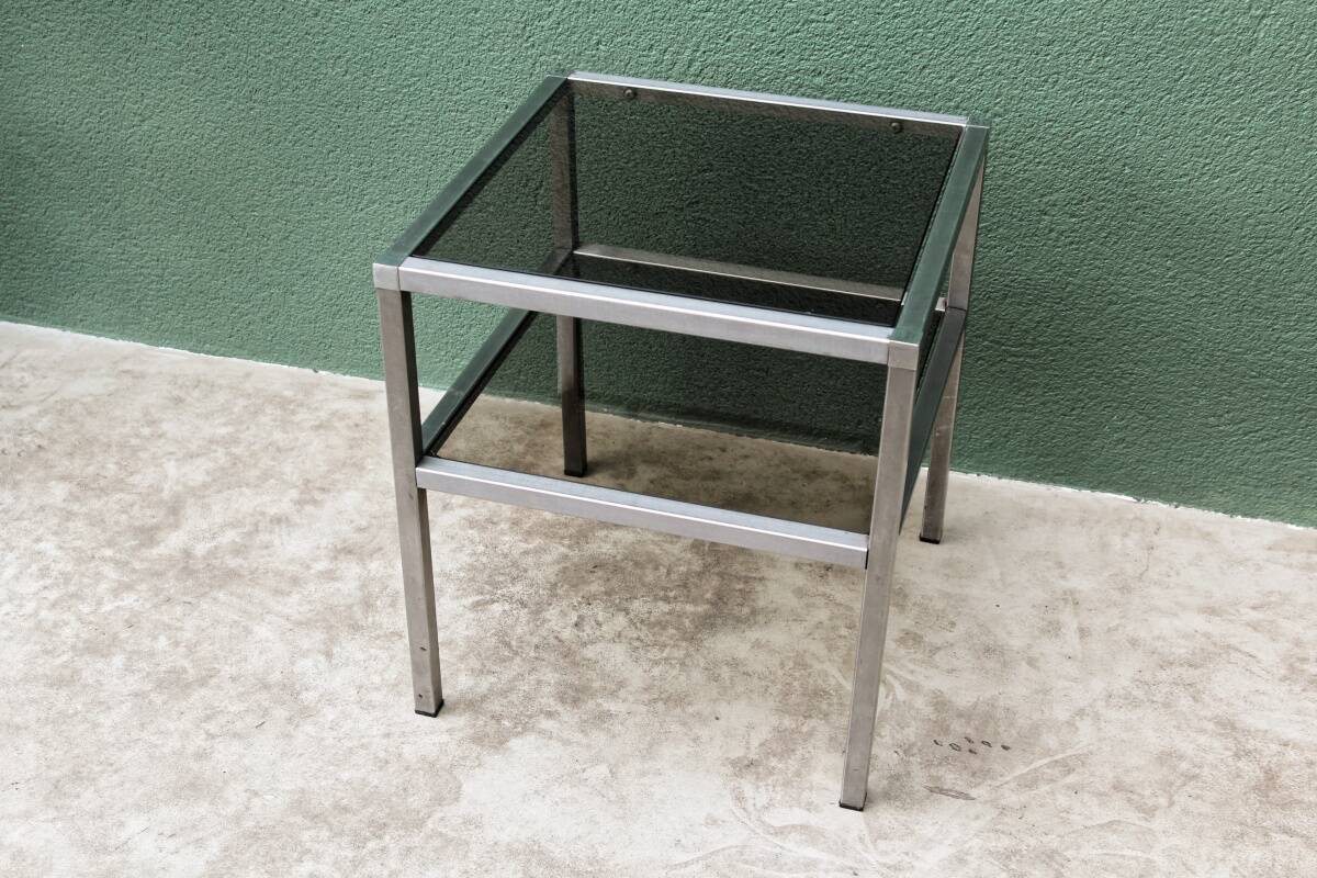 End table, chrome metal and smoked glass coffee table