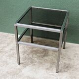 End table, chrome metal and smoked glass coffee table