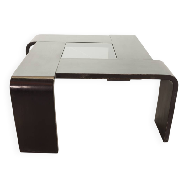 Table basse carrée en contreplaqué laqué noir avec panneau en verre fumé, années 1970 Table basse carrée en contreplaqué laqué noir avec panneau en verre fumé, années 1970