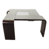 Square Black Lacquered Plywood Coffee Table with Smoked Glass Panel, 1970s