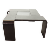 Table basse carrée en contreplaqué laqué noir avec panneau en verre fumé, années 1970