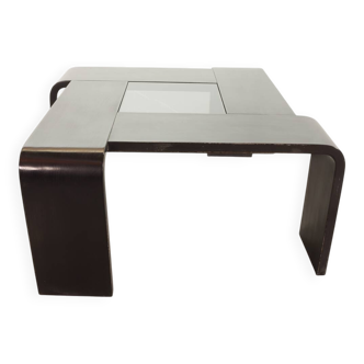 Table basse carrée en contreplaqué laqué noir avec panneau en verre fumé, années 1970