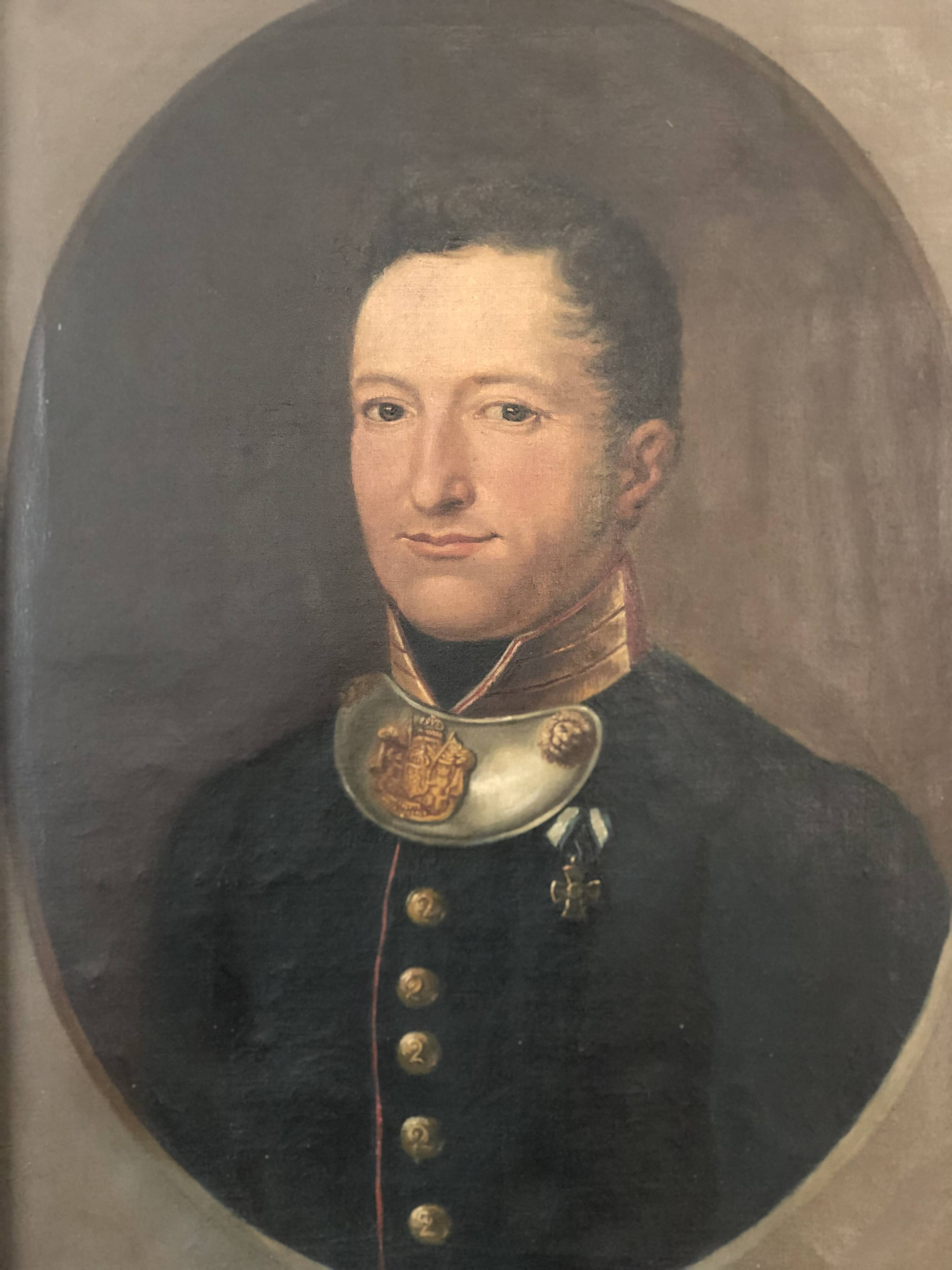 Peinture de portrait militaire antique de grand format d'un baron allemand, 1870