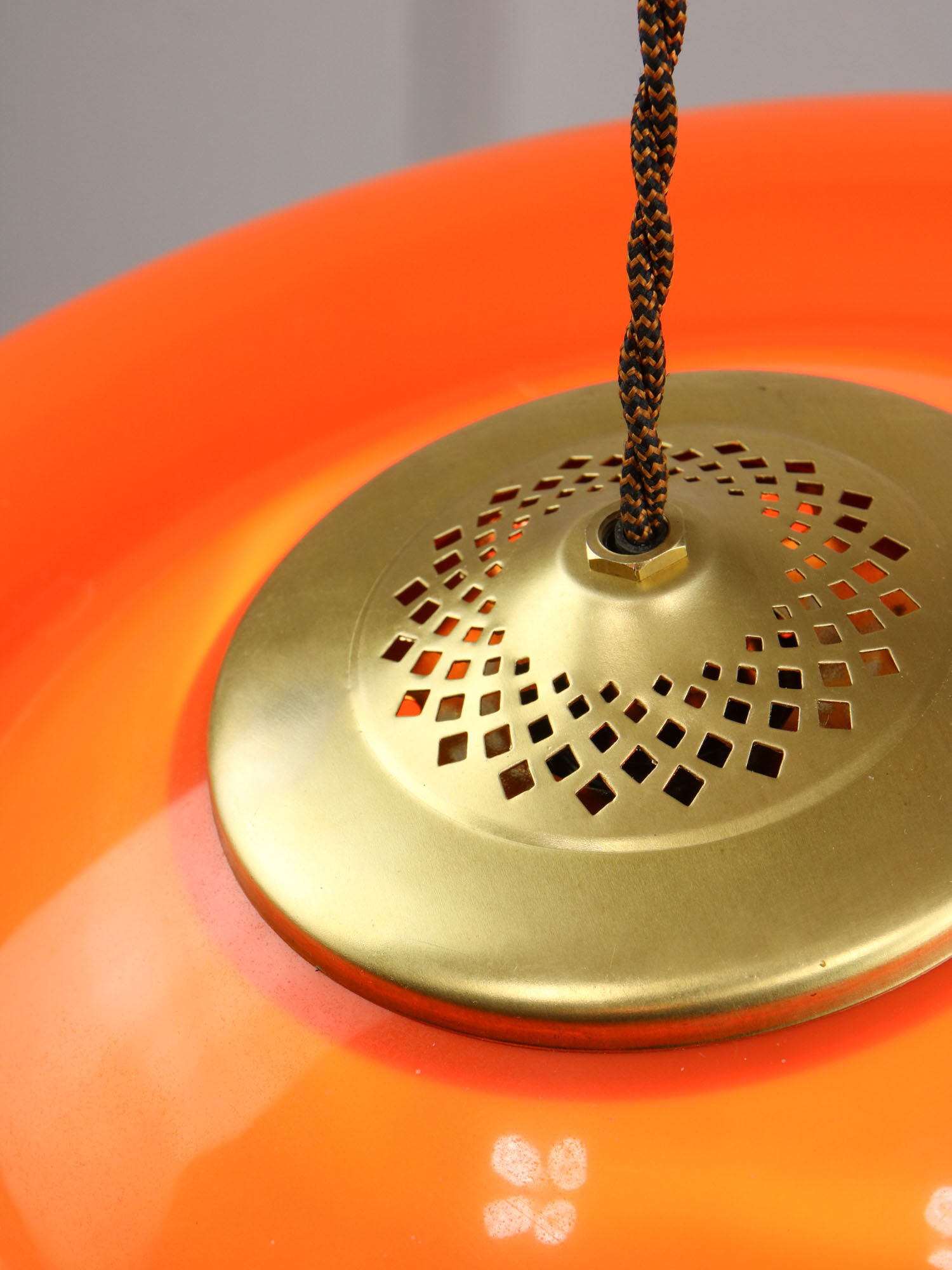 Space-age orange brass and plexiglass pendant lamp 70s