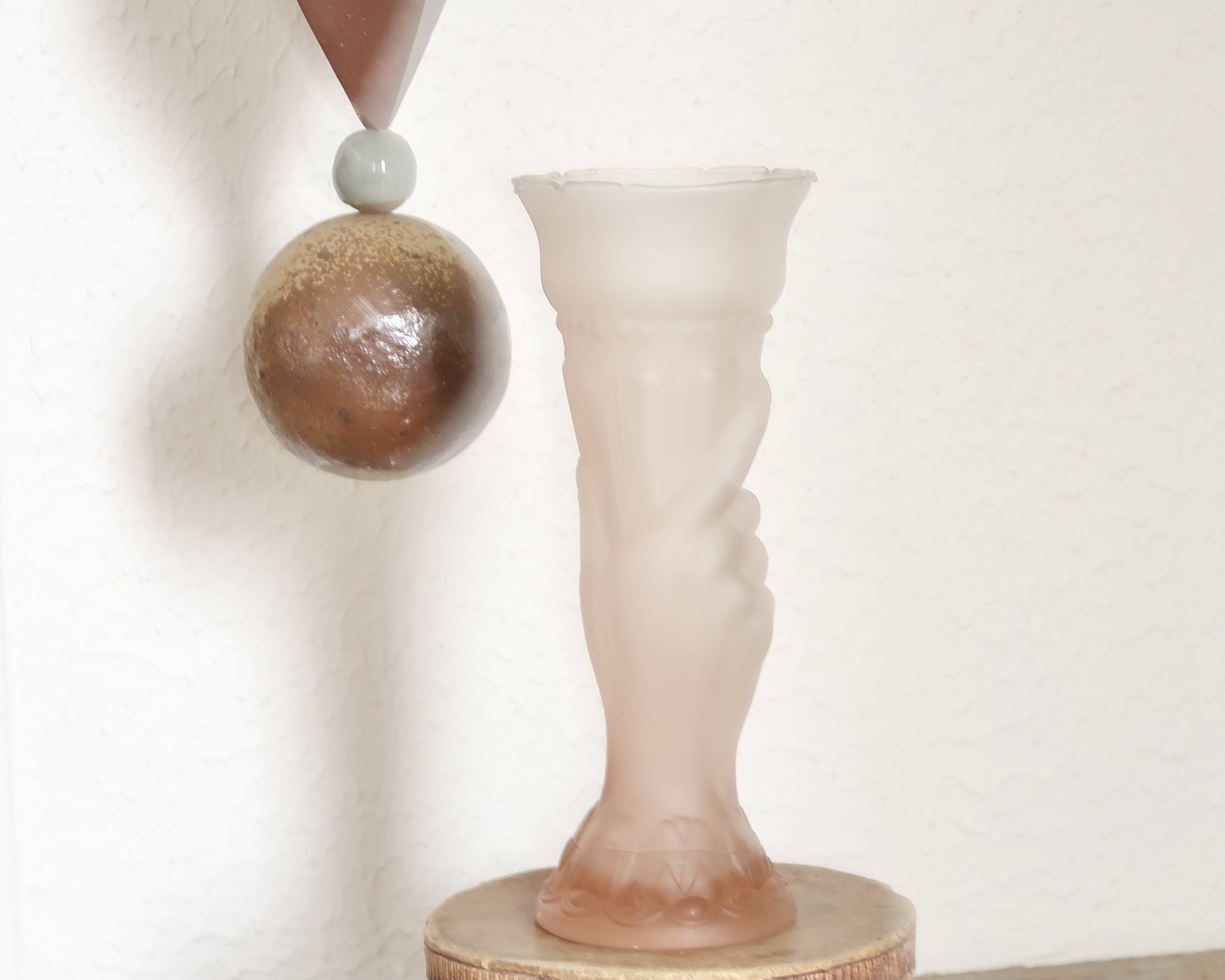 Pale pink glass vase decorated with a hand, 1960s