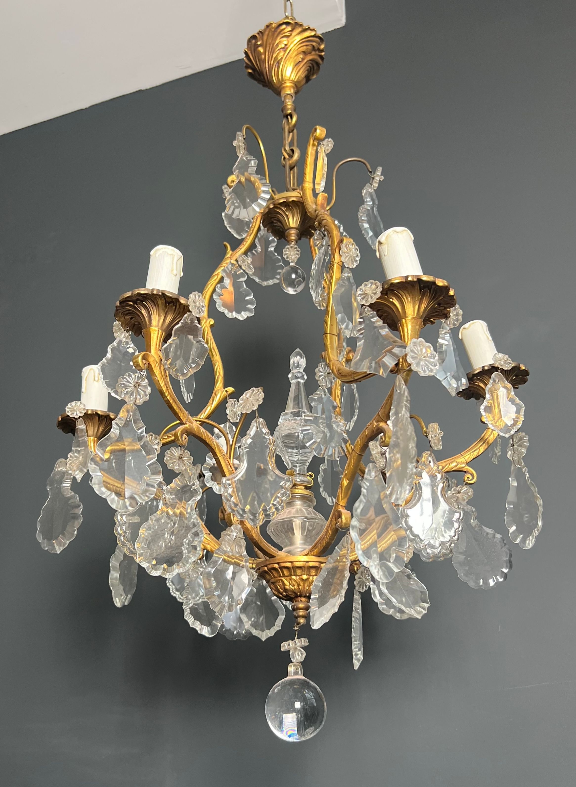 Louis XV style bronze chandelier with crystals and 6 lights