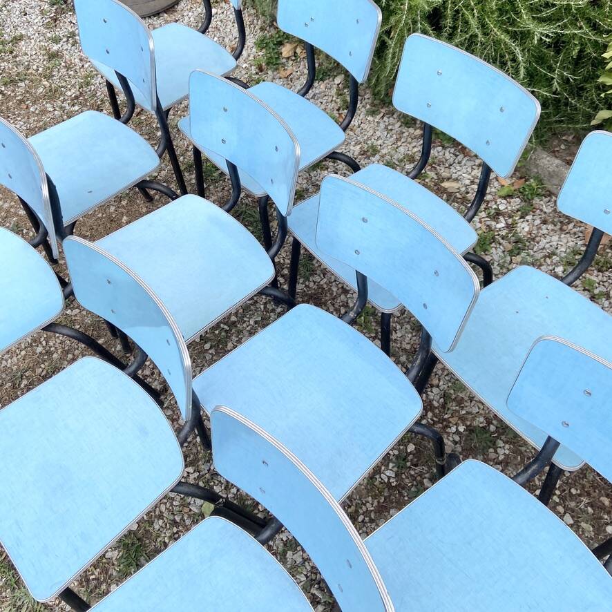 Set of 12 blue formica chairs