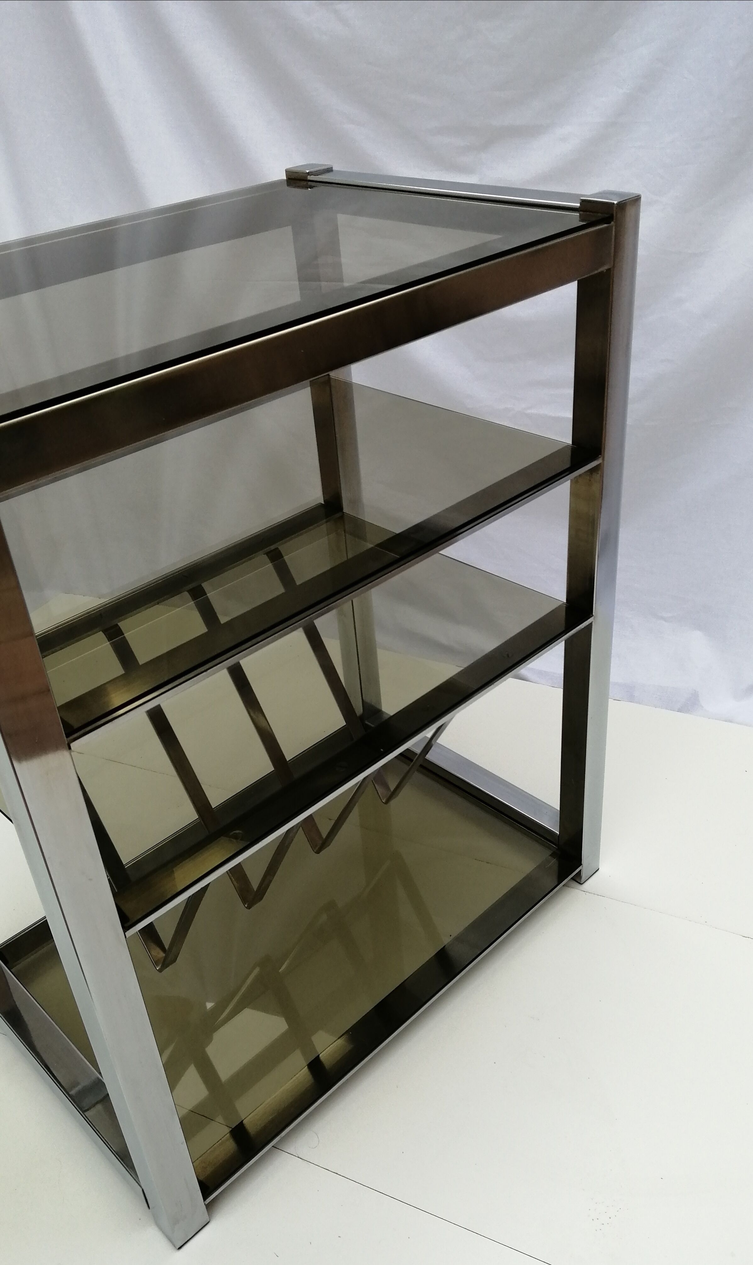 Hi-fi cabinet year 1970, chrome and smoked glass