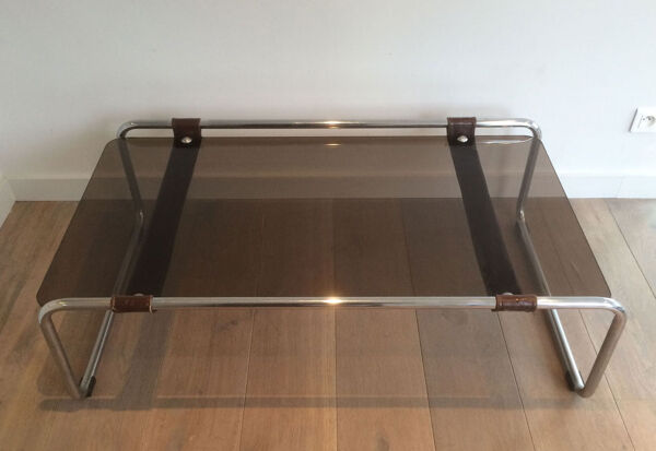 Table basse en chrome, cuir et verre fumé