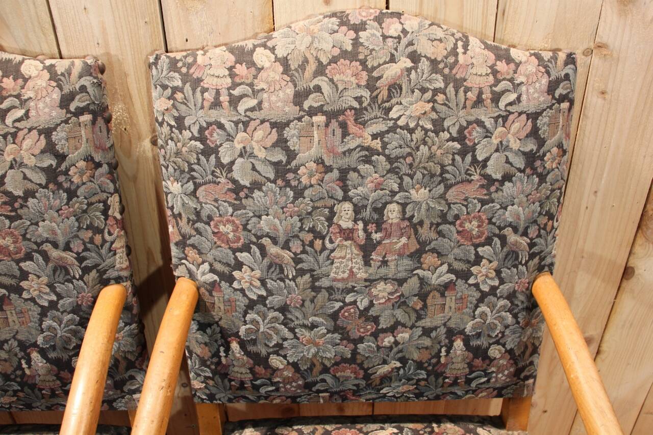 Pair of Louis XIII Style Armchairs in Sheep Bone, Needlepoint Tapestry