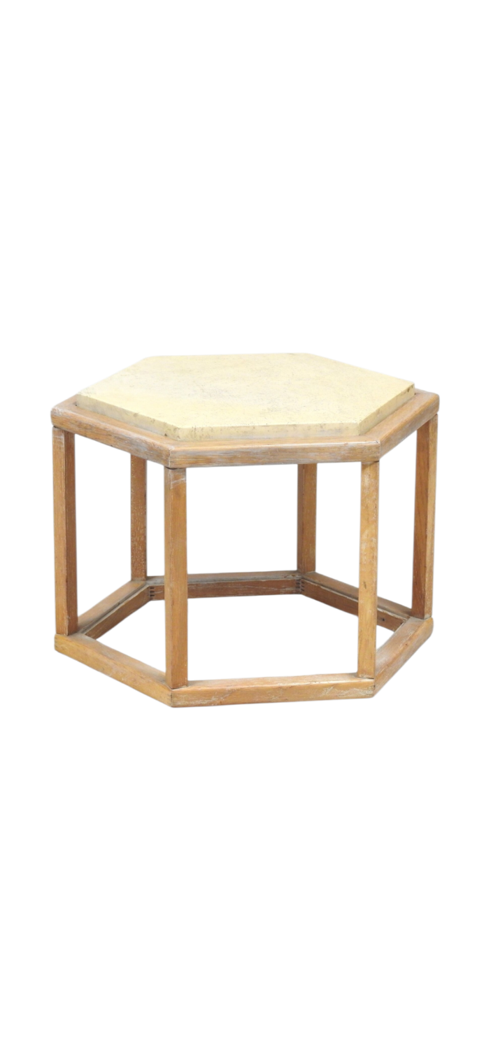 Pair of hexagonal side tables in cerused oak and travertine, attr
