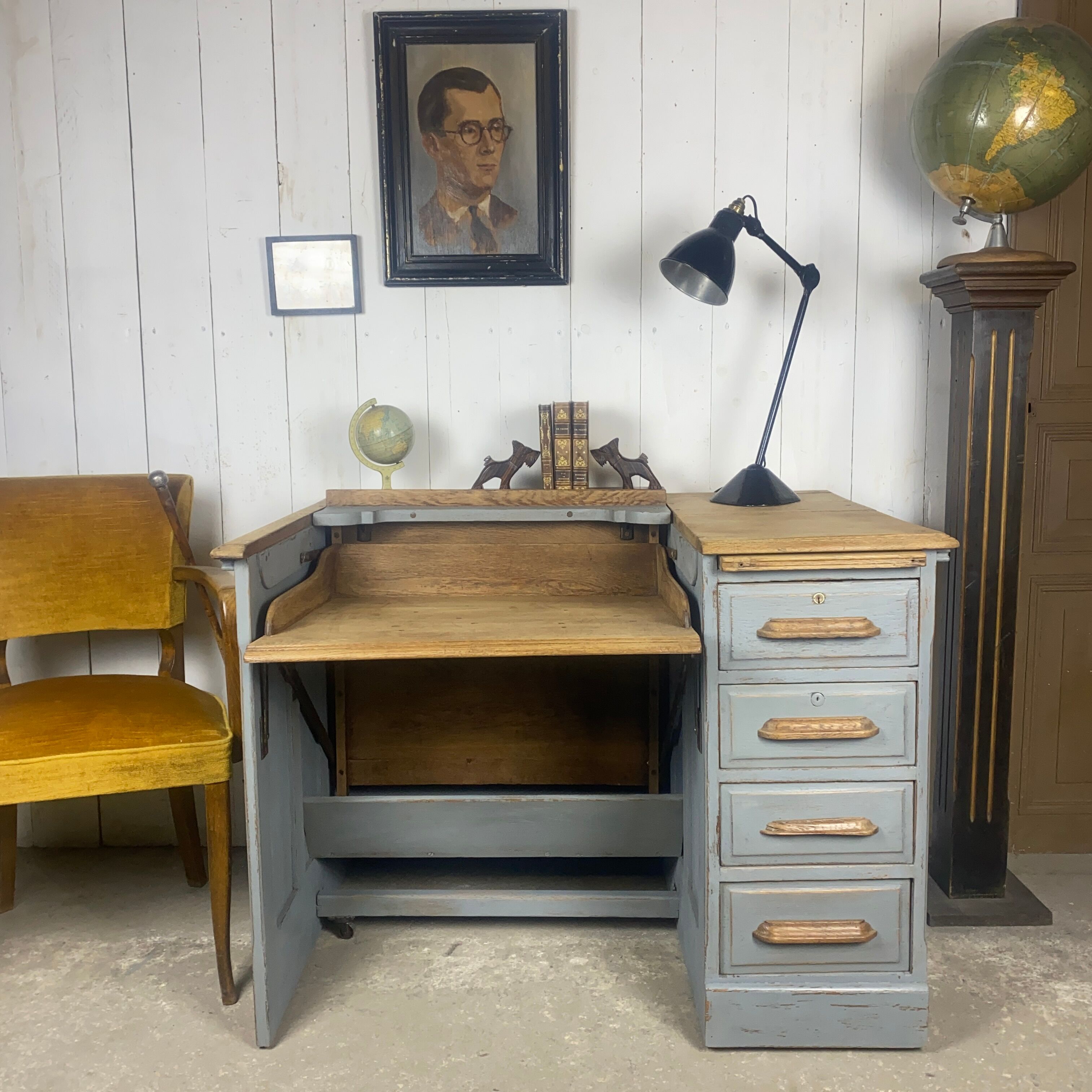 Bureau escamotable chêne patine