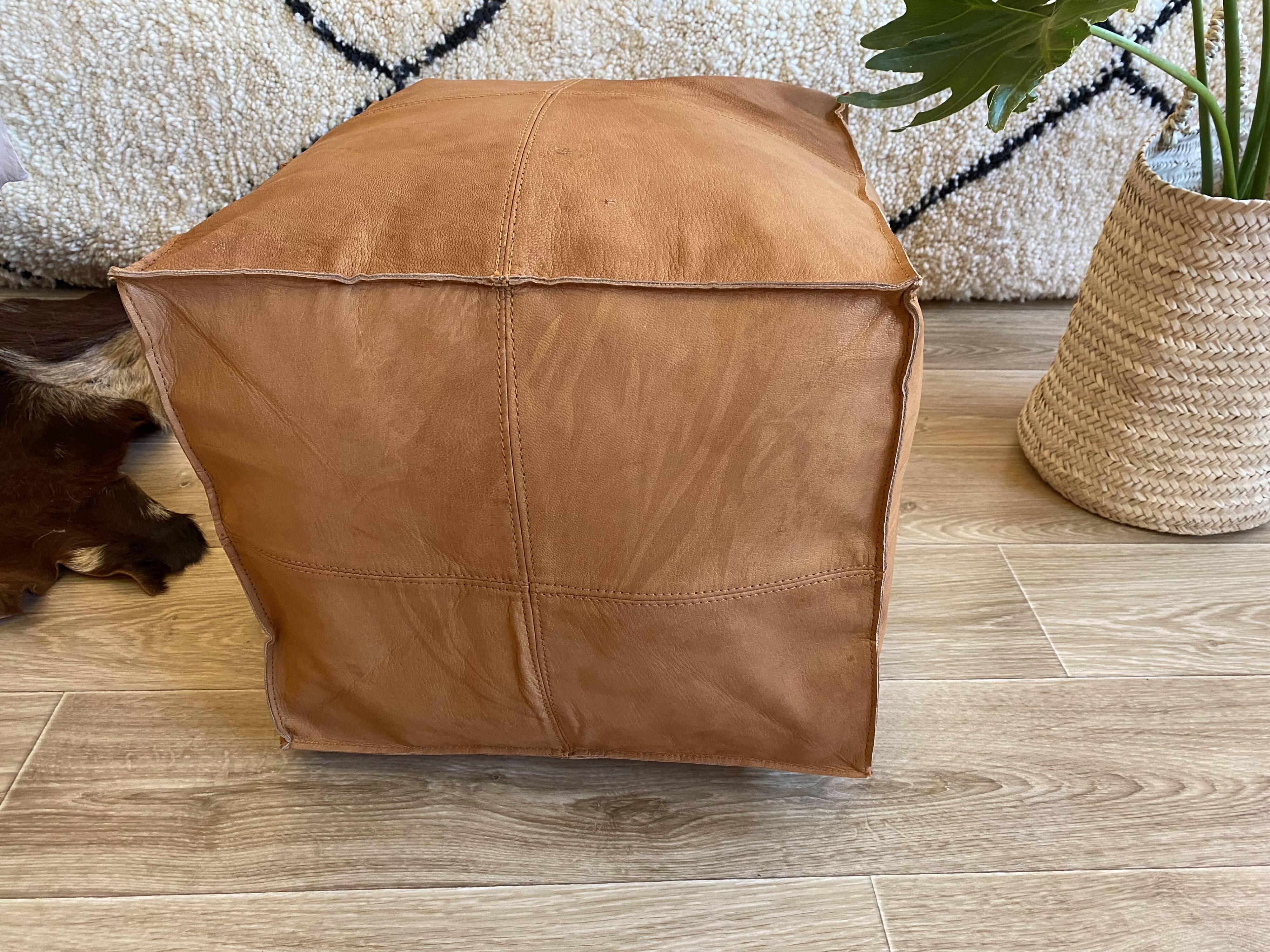 Vegan Leather Ottoman Pouf, Handmade, Cognac, Unstuffed, Moroccan Leather, Marrakech Souk
